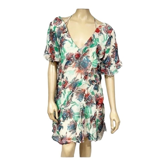 ANTHROPOLOGIE White Soft Floral Short Sleeve Ruffle Tie Back Mini Dress Medium - Picture 10 of 14